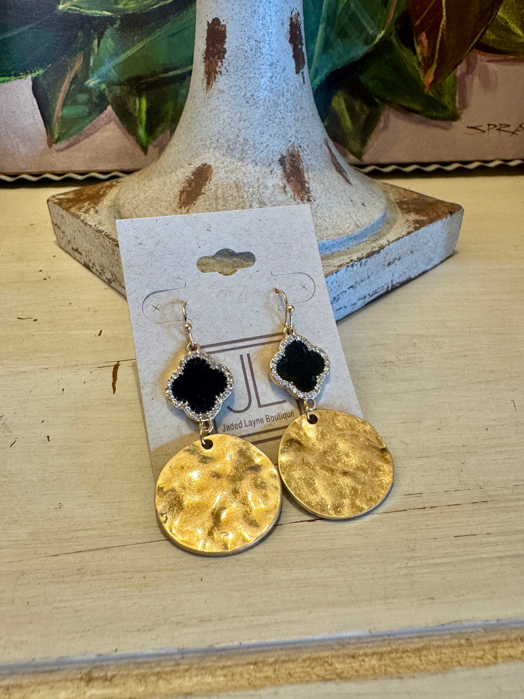 Hammered Gold Disc Earring with Black Clover Detail
