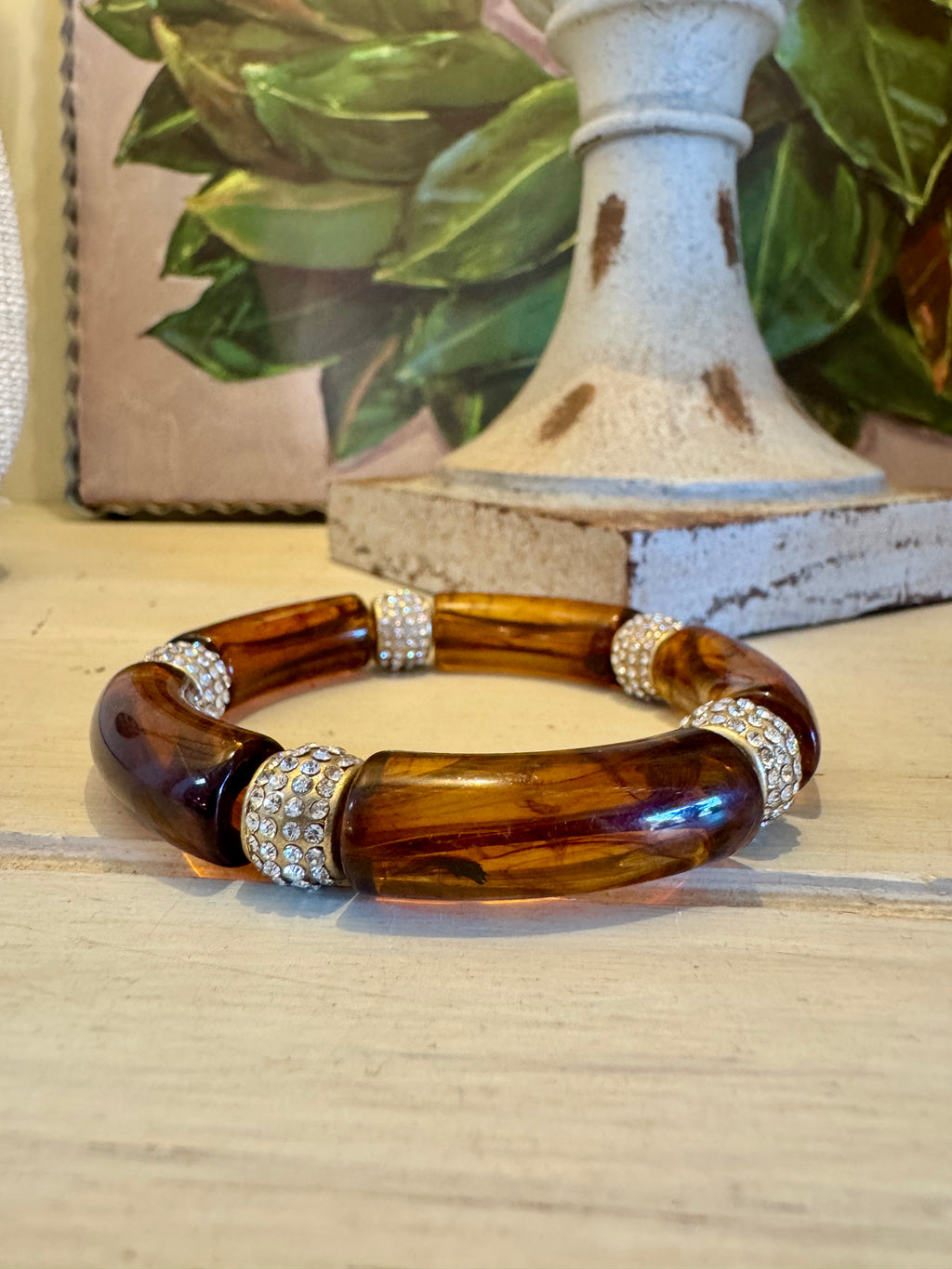 Brown Tortoise Bracelet with Rhinestone Details