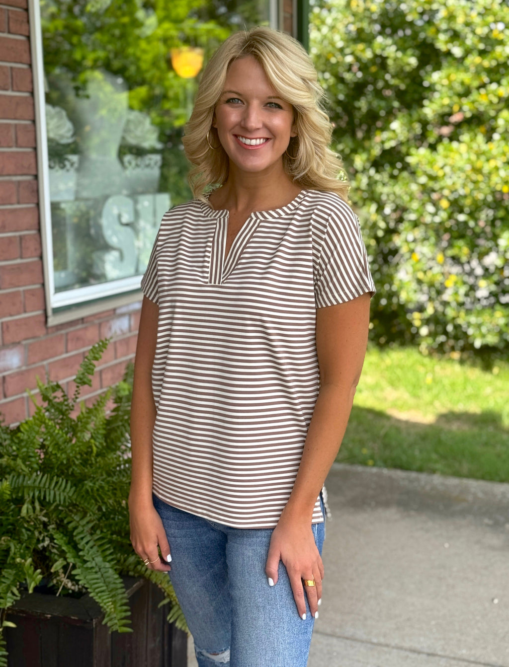 Brown & White Stripe Vneck Tee