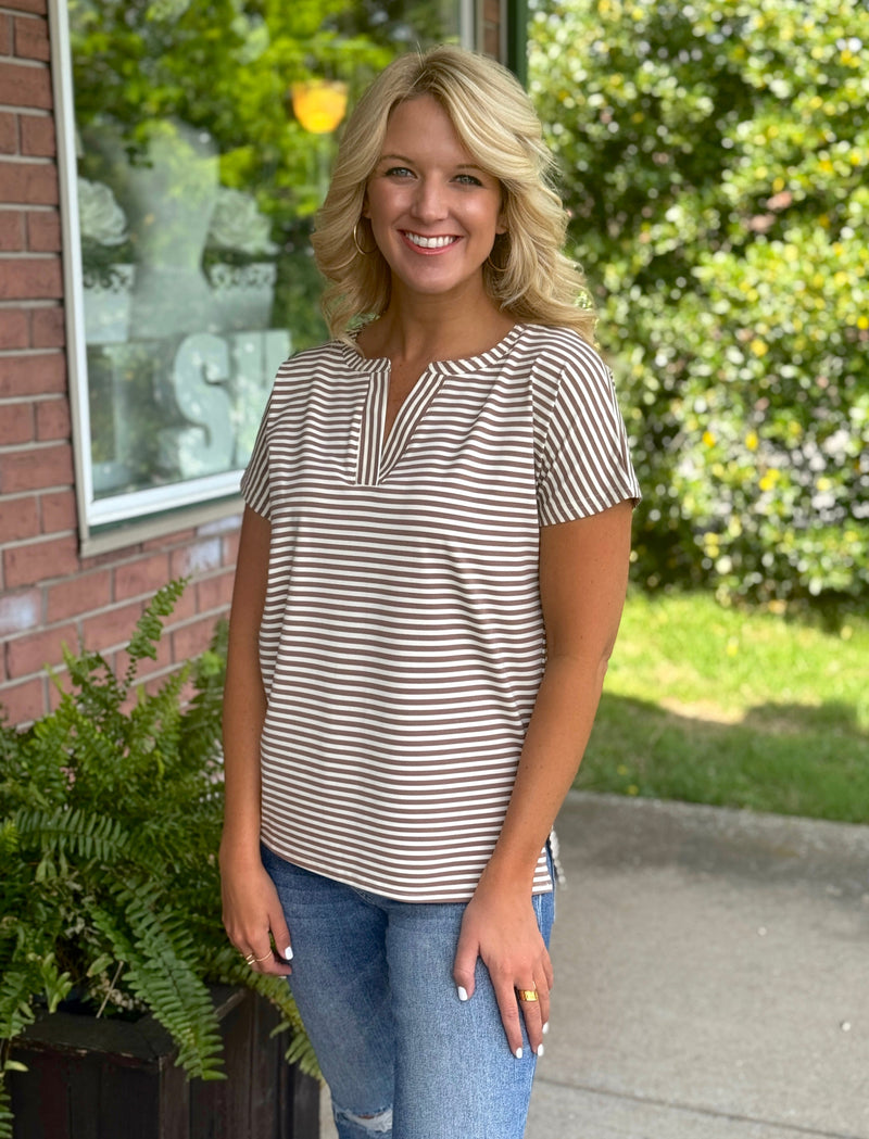 Brown & White Stripe Vneck Tee