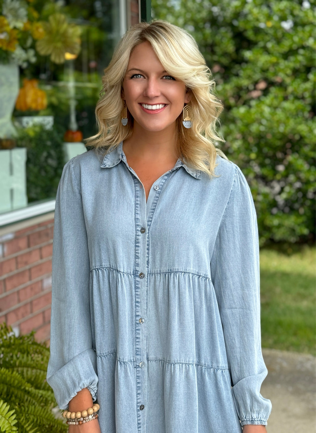 Washed Chambray Tiered Button Down Dress