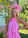 Pale Pink Tiered Maxi Dress with Flower Halter Neckline