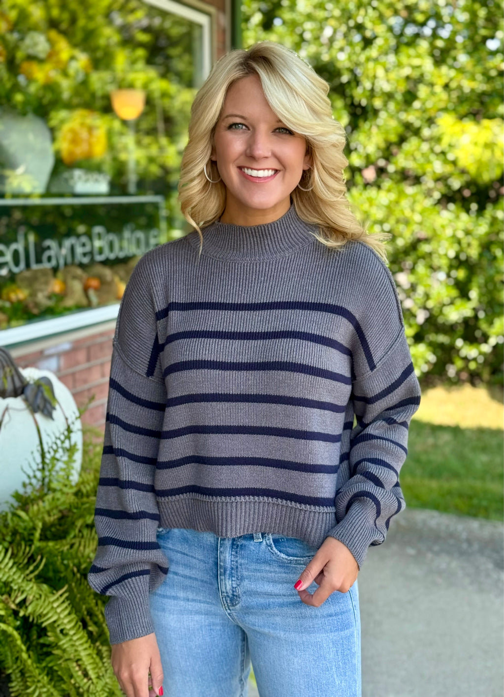 Grey & Navy Mock Neck Sweater