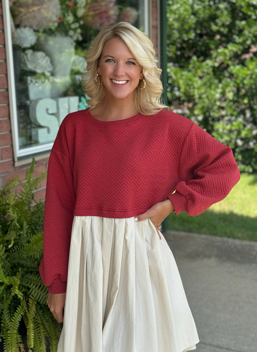 Red Brick Quilted Knit Pleated Dress