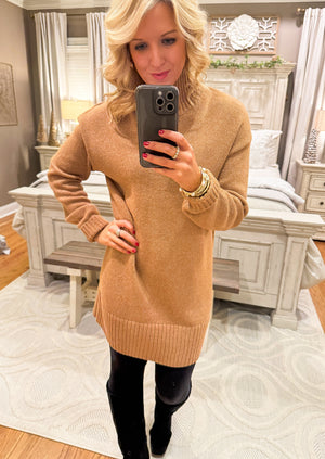 Camel Mock Neck Sweater Dress