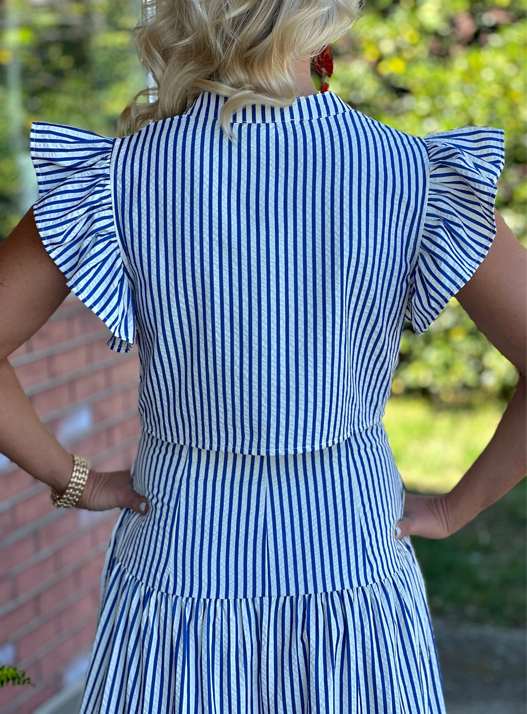 Blue Stripe Midi Dress with Open Back Detail