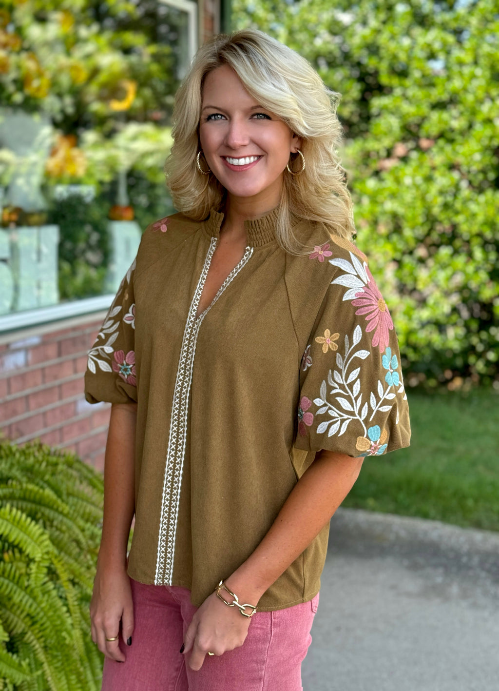 THML Corduroy Top with Embroidered Puff Sleeve