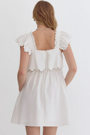 Off White Mini Dress with Scallop Trim Detail