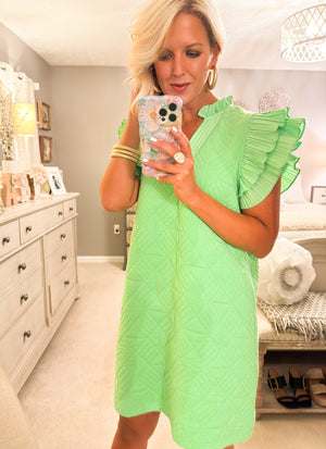 Lime Green Quilted Dress with Flutter Pleated Sleeves