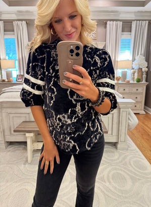 Floral Burn Out Velvet Top with Stripe Sleeve Detail