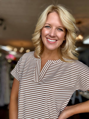 Brown & White Stripe Vneck Tee