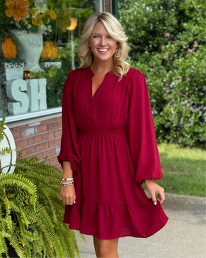 Burgundy Woven Dress with Cinched Waist