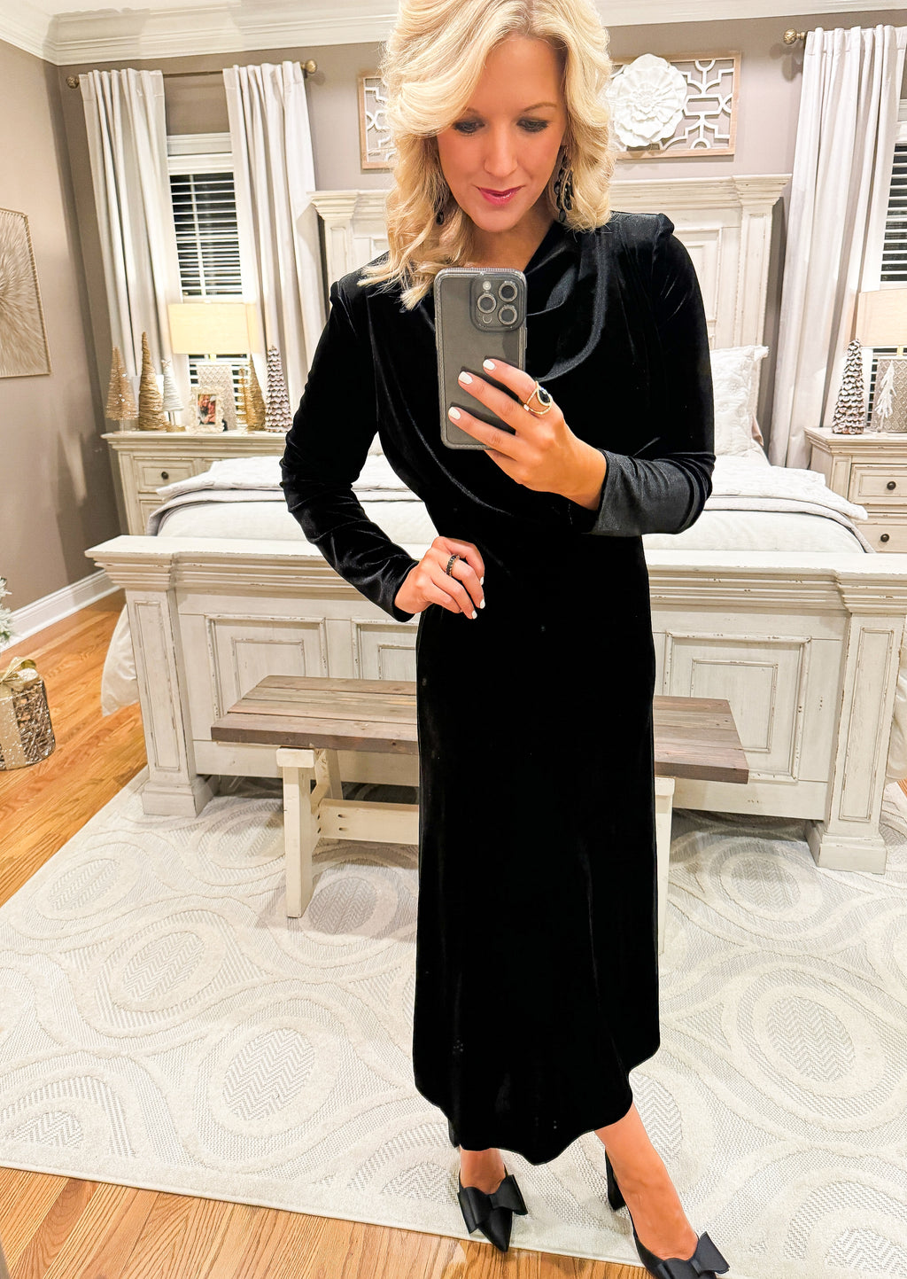 Black Drape Neck Velvet Dress