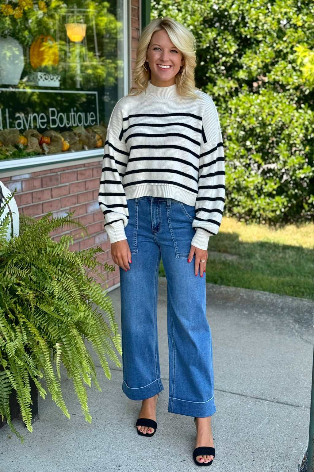 Off White & Black Stripe Mock Neck Sweater