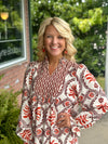Rust Printed Dress with Smock Neckline Detail