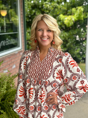 Rust Printed Dress with Smock Neckline Detail
