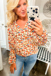 Printed V Neck Blouse with Faux Buttons