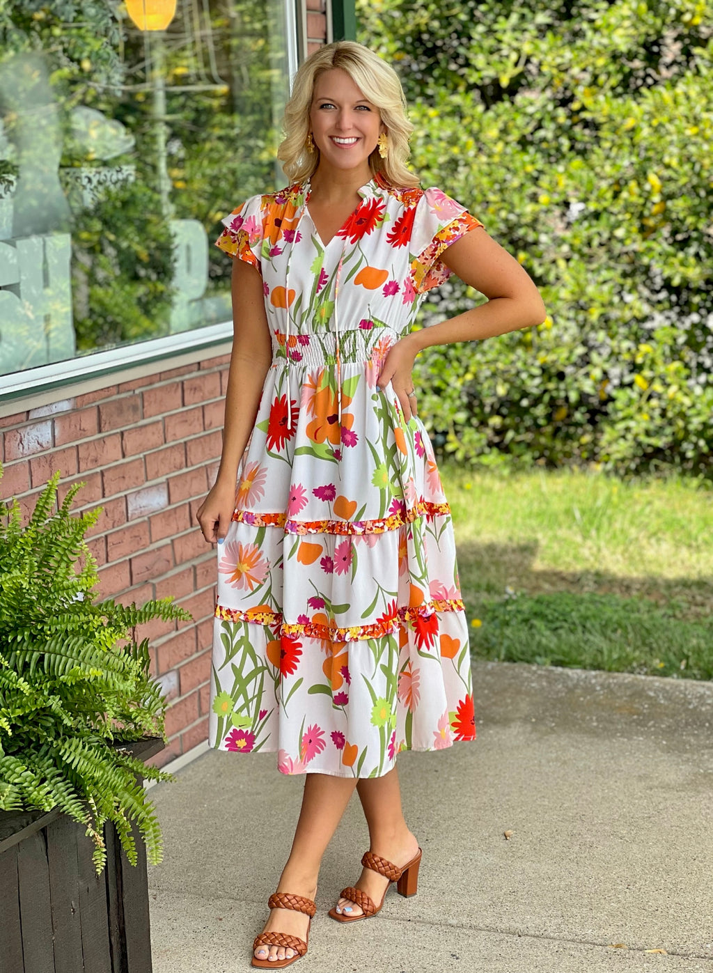 Off White Floral Tiered Midi Dress