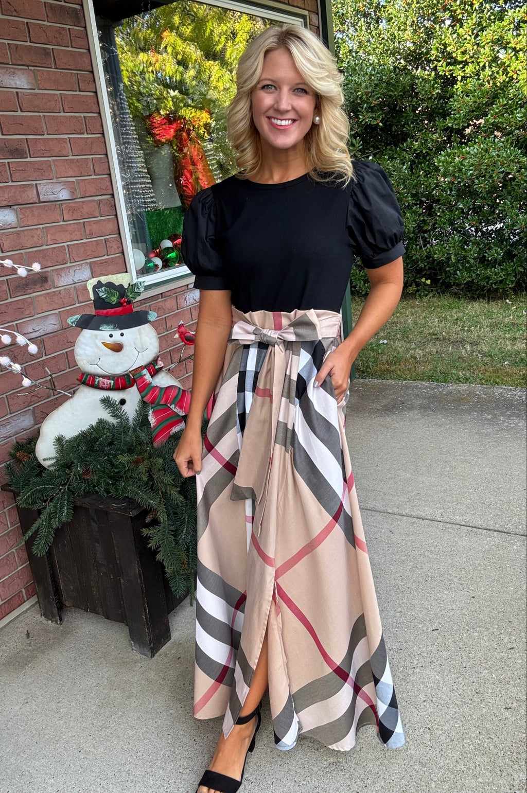 Black Puff Sleeve Plaid Skirt Dress with Bow Tie Detail