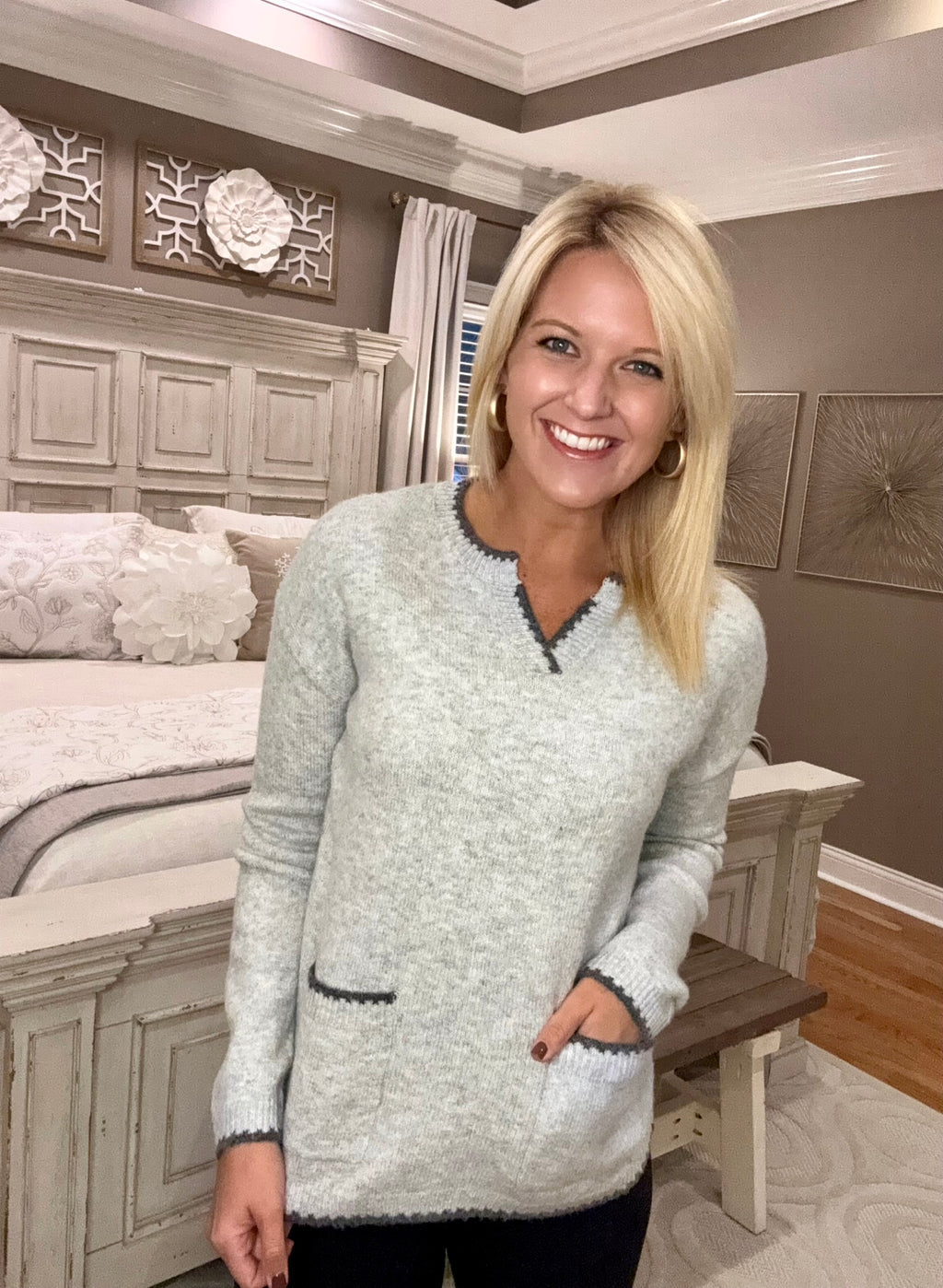 Grey Sweater with Pocket & Stitch Detail