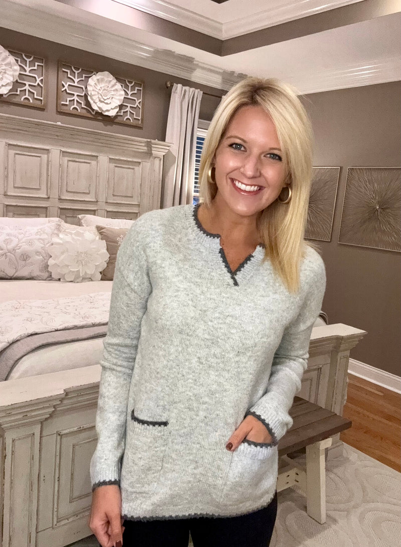Grey Sweater with Pocket & Stitch Detail