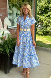 Blue Floral Button Up Midi Dress with Belt
