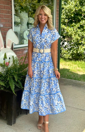 Blue Floral Button Up Midi Dress with Belt