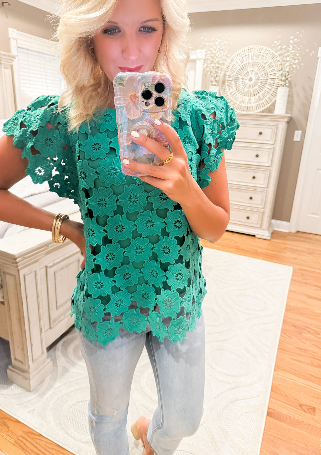 Green Floral Lace Top