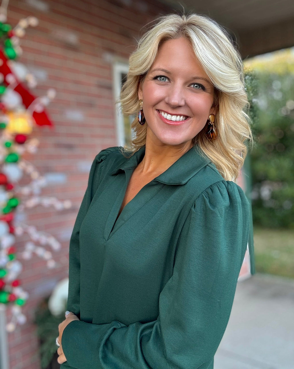 Emerald Green Midi Dress with Collar and Side Slit
