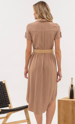 Tan Collared Button Down Belted Midi Dress