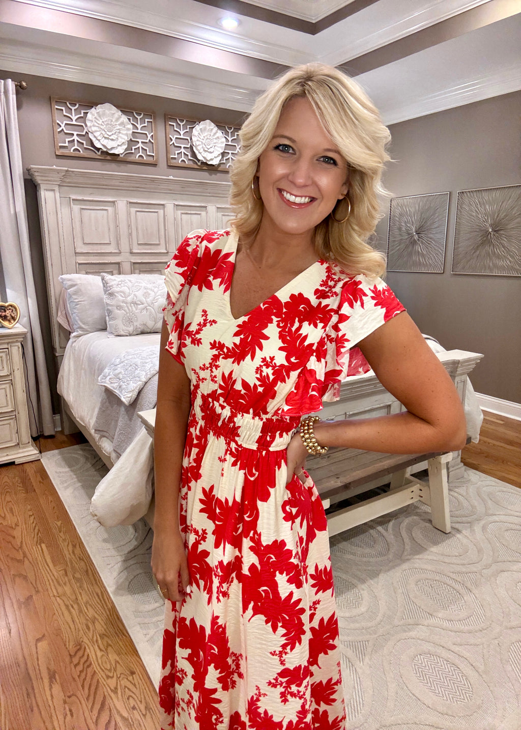 Red Floral Print Midi Dress with Flutter Sleeves