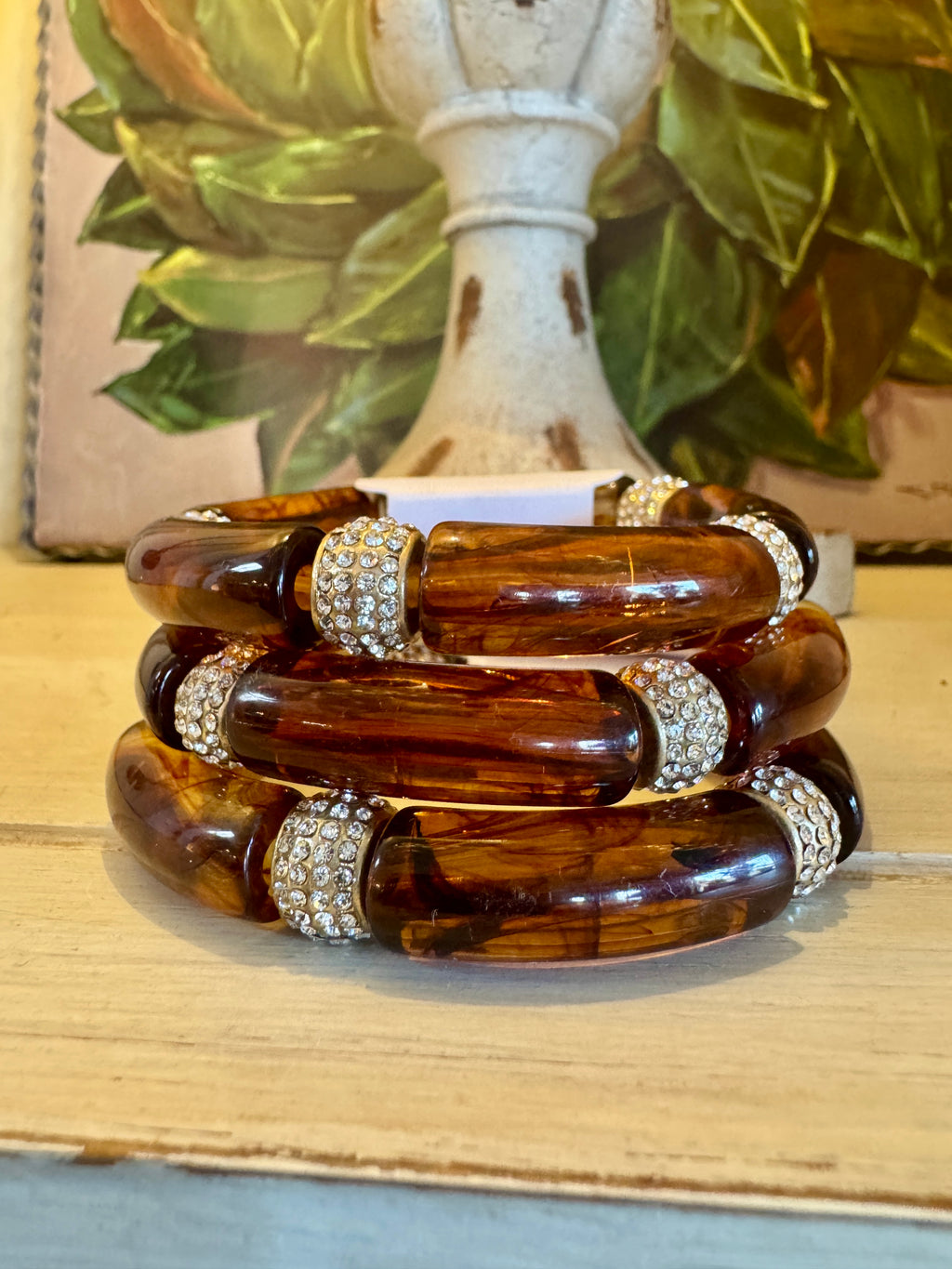 Brown Tortoise Bracelet with Rhinestone Details