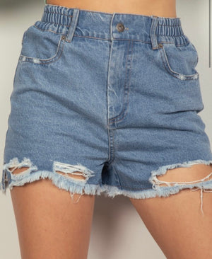 Elastic High Waisted Distressed Shorts