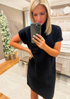 Black Short Sleeve Sweater Dress with Pocket Detail