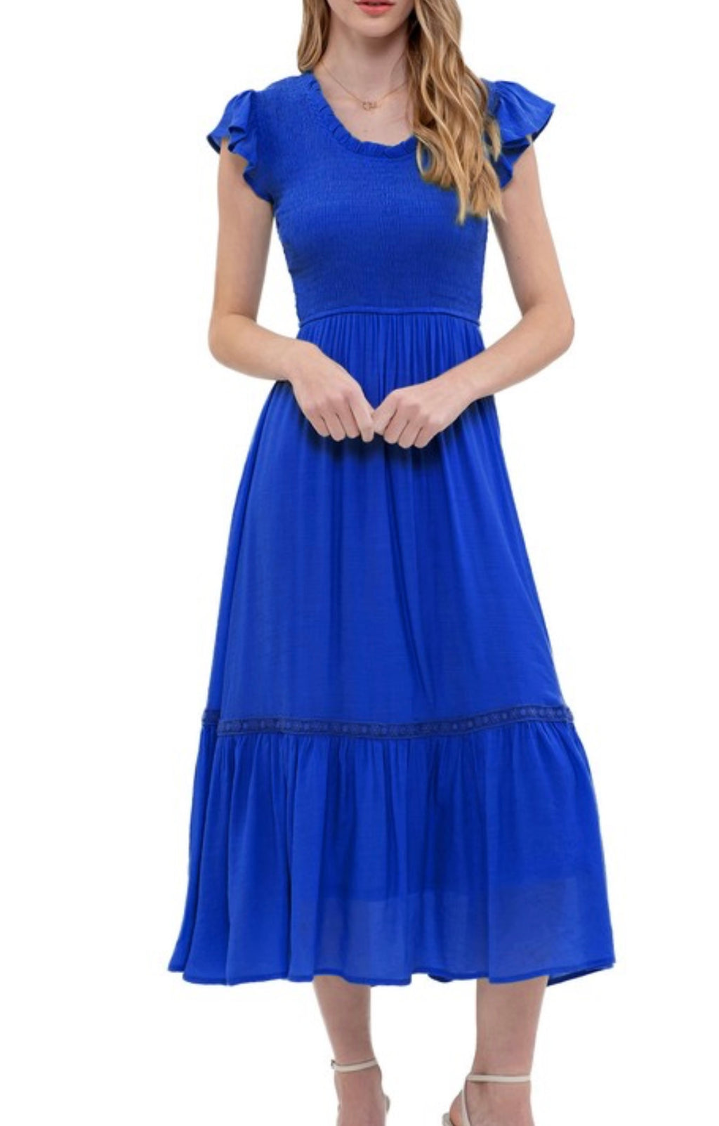 Royal Blue Scoop Neck Smocked Midi Dress