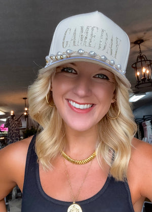 Game Day Khaki Hat with Pearl Chain & Beaded Detail **PRE-ORDER**