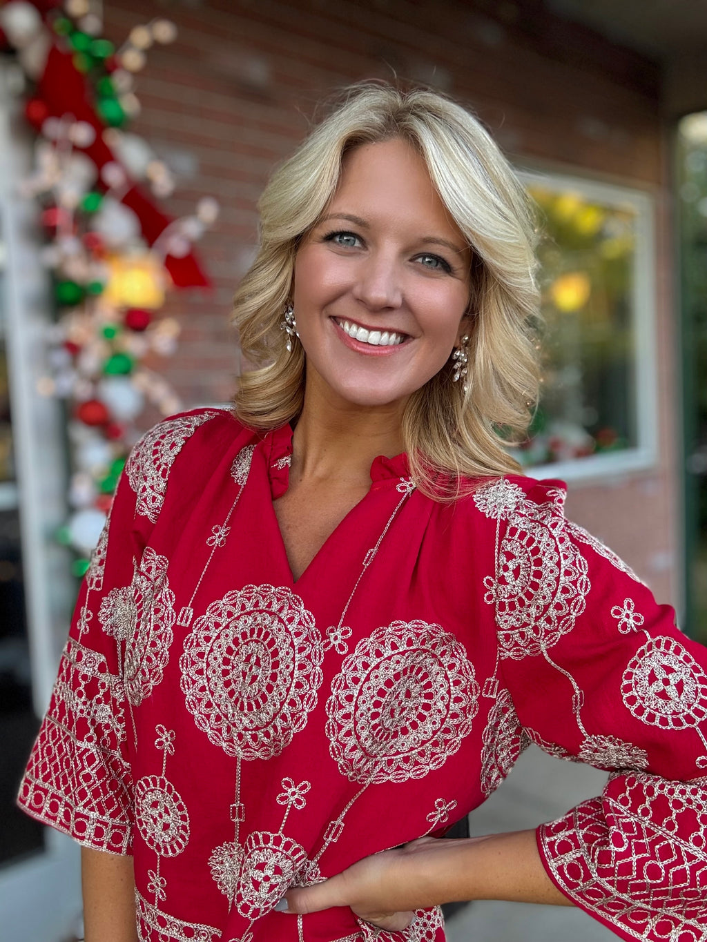 Red Metallic Embroidered Top with Ruffle Neck Detail