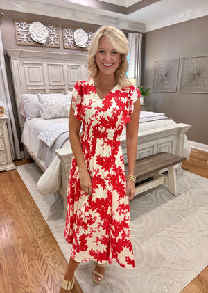 Red Floral Print Midi Dress with Flutter Sleeves