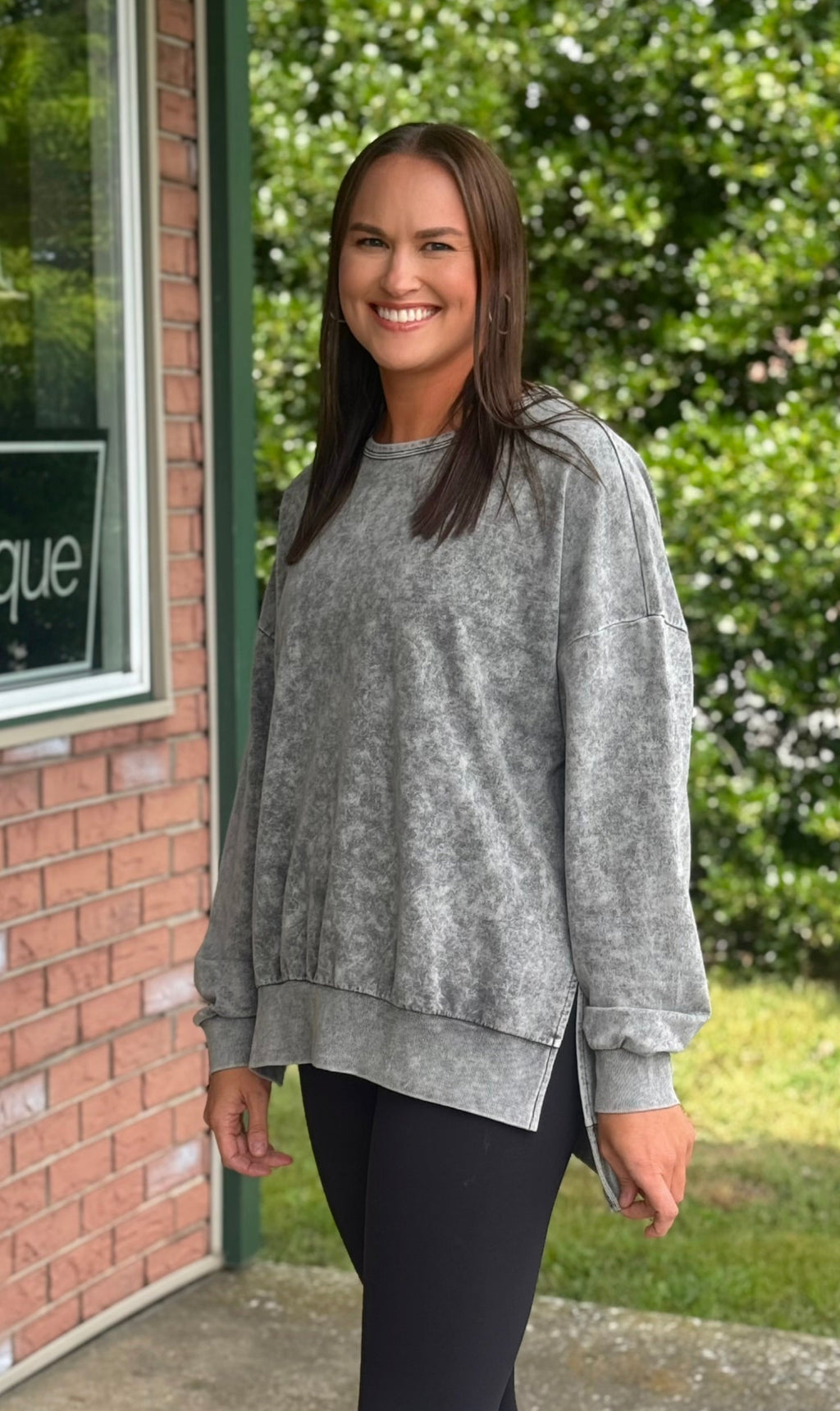 Washed Crewneck Long Sleeve Tunic Top
