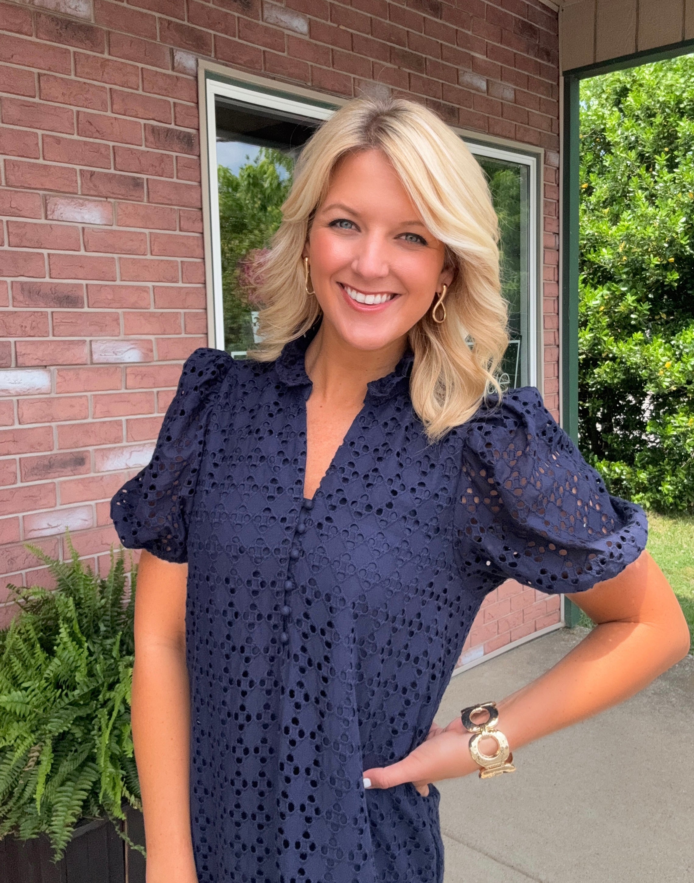 navy eyelet midi dress Navy Eyelet Short Puff Sleeve Midi Dress Sugar & Spice