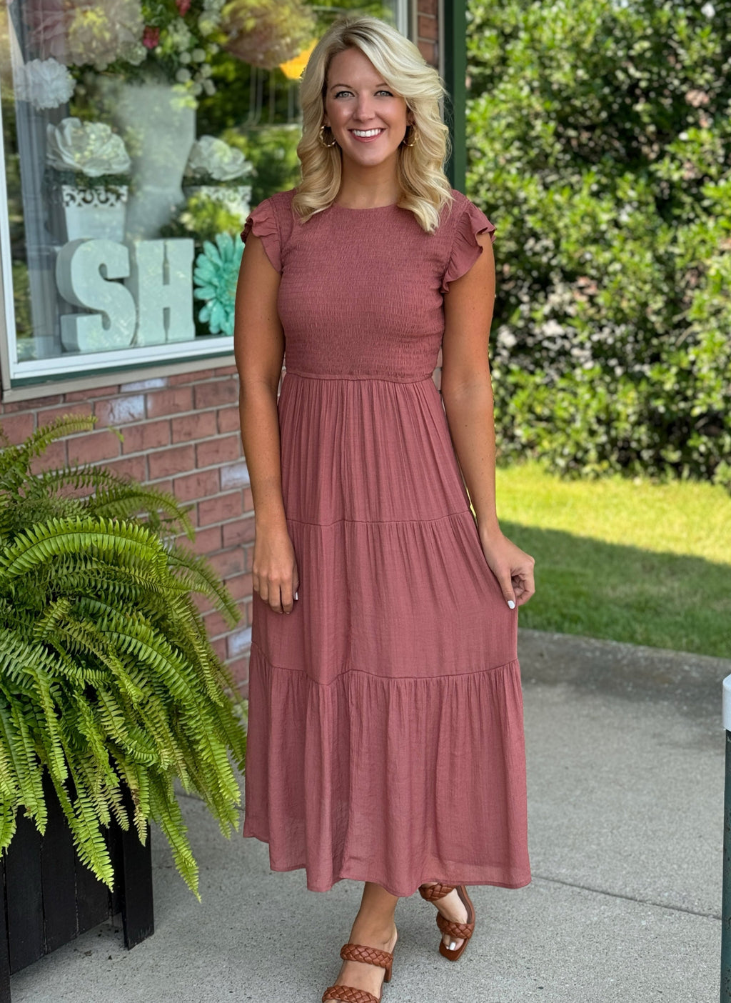 Terracotta Smocked Tiered MIDI Dress