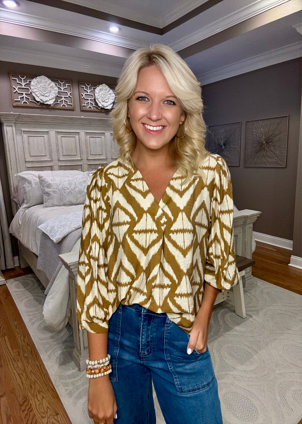 Geo Print Top with Puff Sleeves