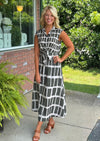 Abstract Print Sleeveless Midi Dress with Tie Waist Detail