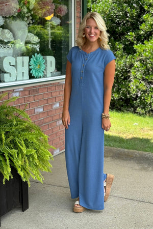 Denim Blue Waffle Knit Wide Leg Jumpsuit