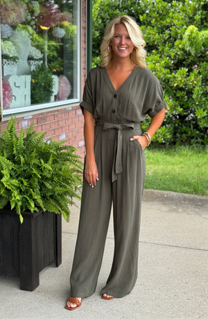 Olive Jumpsuit with Button & Tie Detail