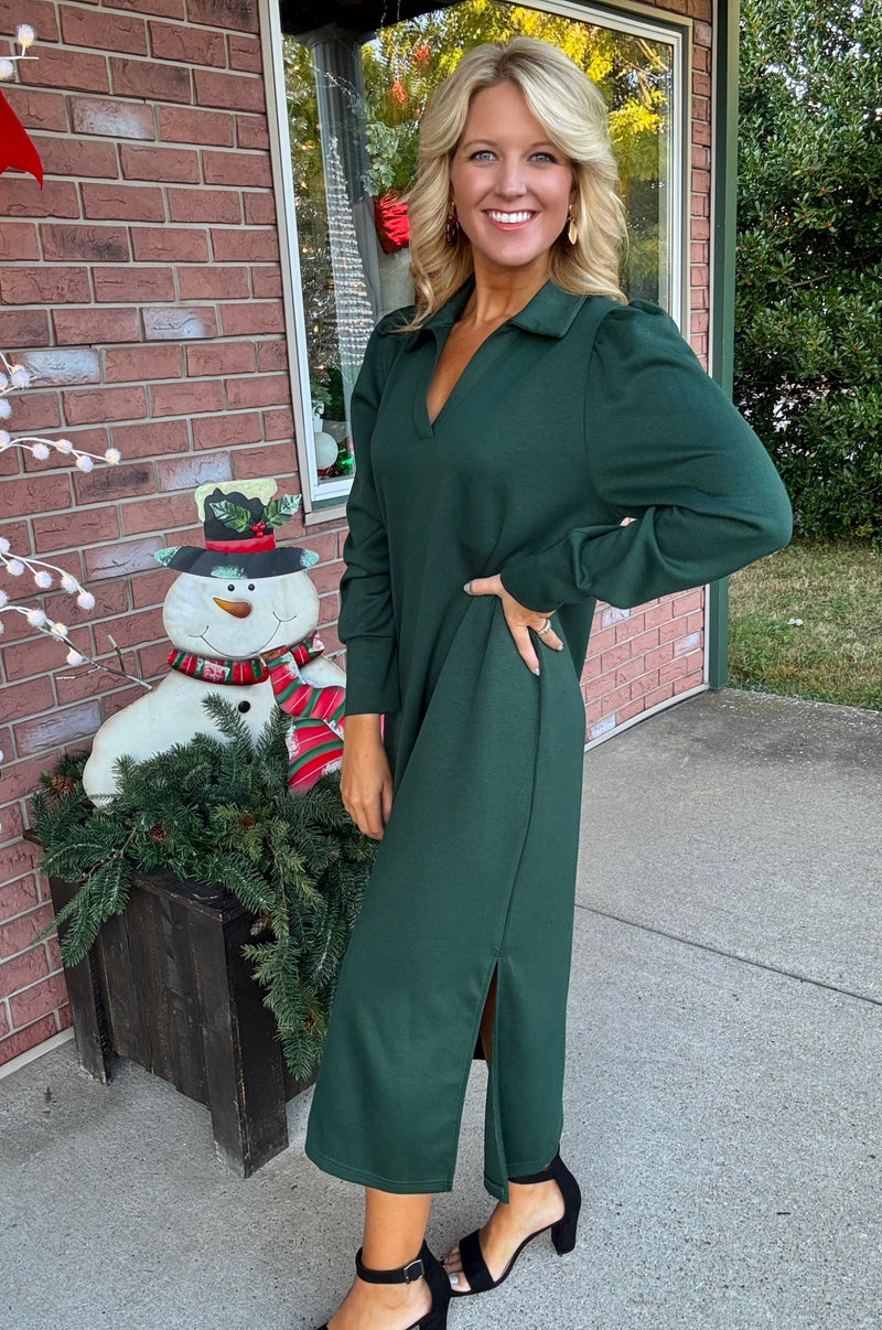 Emerald Green Midi Dress with Collar and Side Slit
