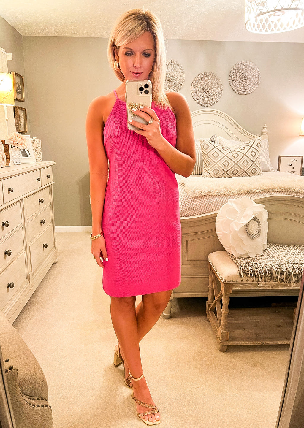 Pink Sleeveless Textured Mini Dress