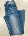 Mid Rise Frayed Hem Ankle Bootcut Jean