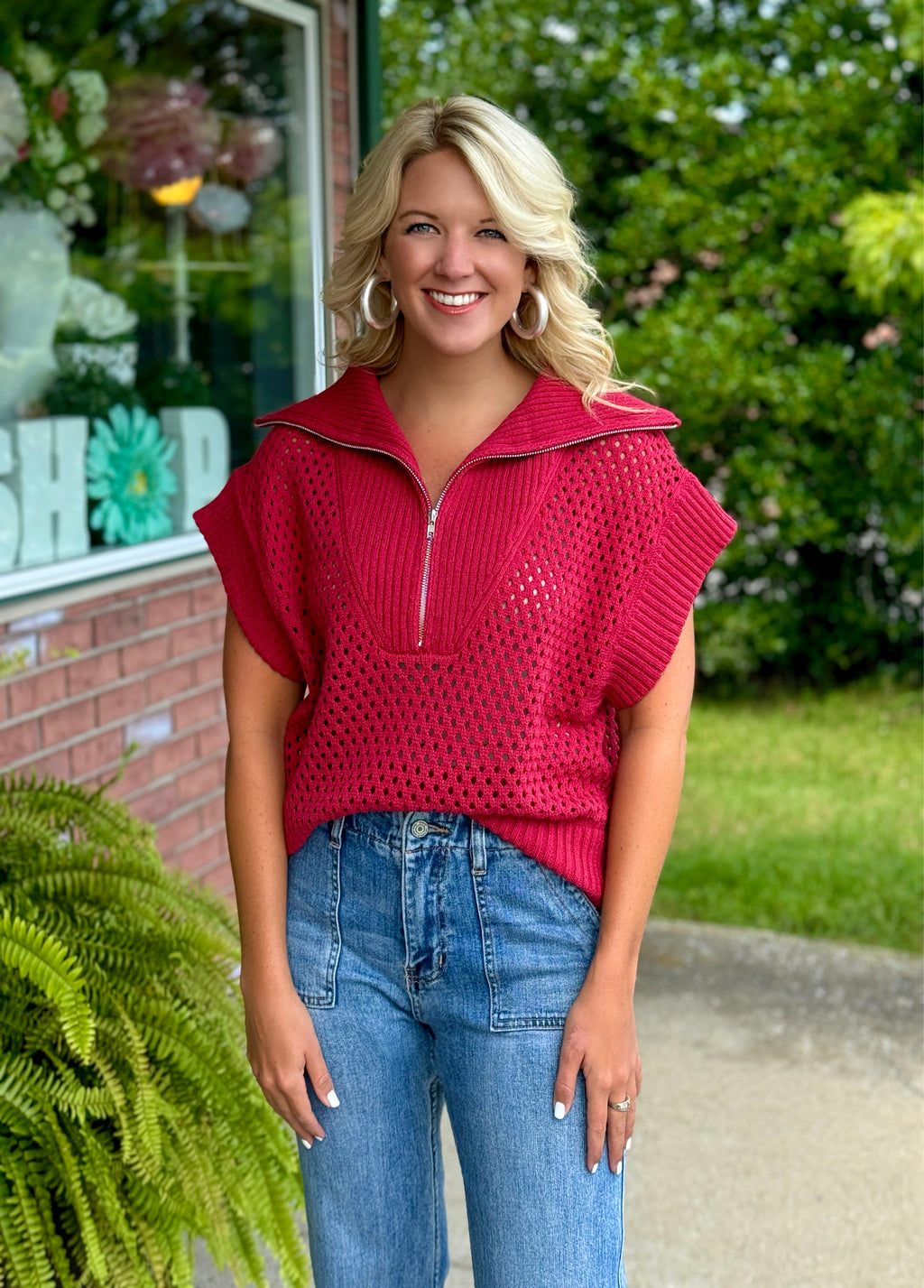 Red Collared Half Zip Sweater