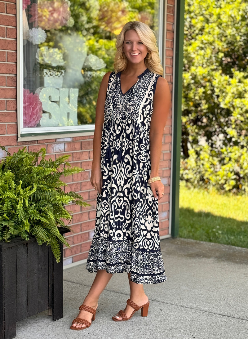 Navy Printed Midi Dress